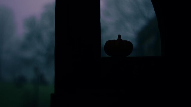 Pumpkin in lonely Graveyard on foggy day though view of lych gate