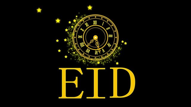 Eid clock logo animation, Clock face with roman numerals and decorative hands above large gold letters EID