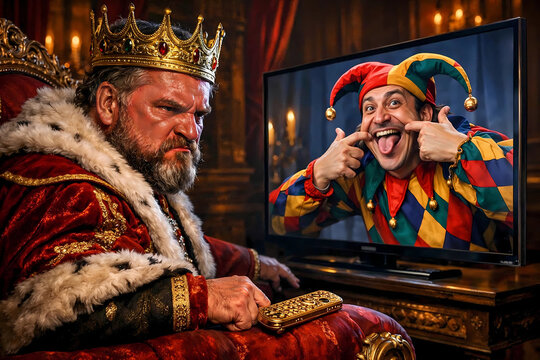 king is enraged watching jester on TV mock him