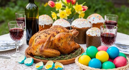 Easter table with roast chicken cakes and eggs
