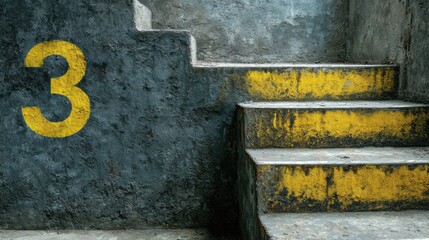 Bold Yellow Number 3 on Industrial Stairwell Wall With Textured Surface and Worn Stairs Adding Character to the Setting for Safety and Direction