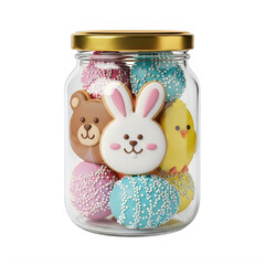 Easter treats in a glass jar with gold lid and colorful cookies inside