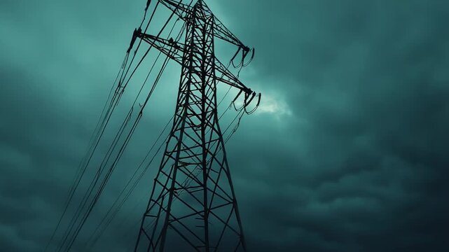 Electricity pylon silhouetted against an ominous dark sky, with turbulent storm clouds gathering, symbolizing power, climate, and the impending force of nature