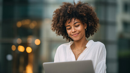A smiling woman with curly hair using a laptop outdoors.