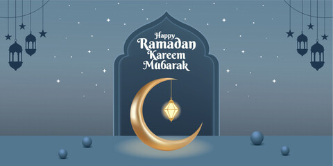 Ramadan Kareem Mubarak: A beautiful and serene greeting card design featuring a crescent moon and a traditional lantern, set against a calming blue backdrop, perfectly embodies the spirit of Ramadan. © Rahed Ul Islam