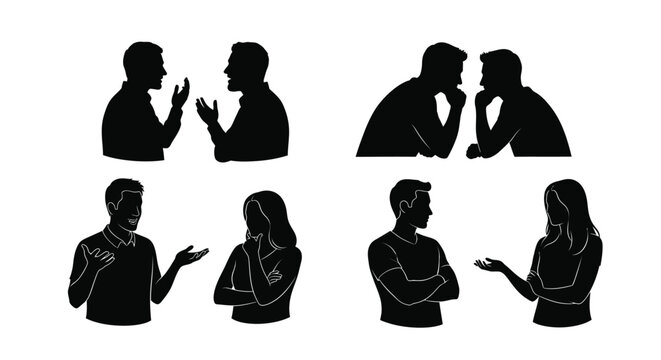 Silhouettes of people interacting in various conversational poses
