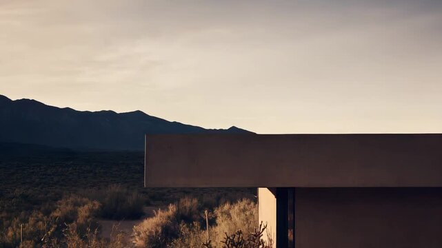 Concrete structure featuring clean lines and minimalist design harmonizing with the vast desert landscape and distant mountains, representing serene living and sustainable architecture at dusk