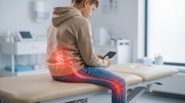 Sciatica nerve pain radiating from back to leg in preteen boy with phone