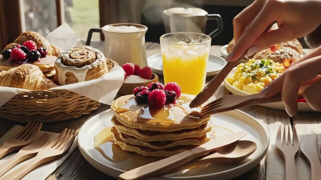 Breakfast table setting with assorted food items and beverages