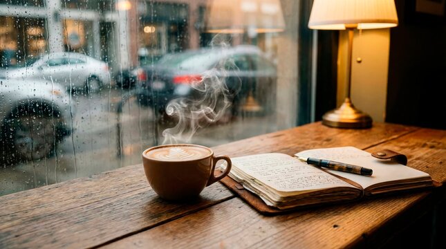 Coffee and journal by rainy window in cafe