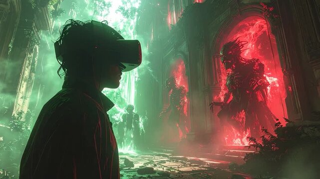 VR user observing red energy entities within an ancient, overgrown setting