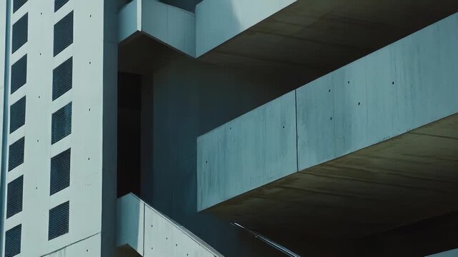 Brutalist concrete facade with geometric staircases and sharp lines, creating bold patterns, deep shadows and a minimalist, industrial urban composition
