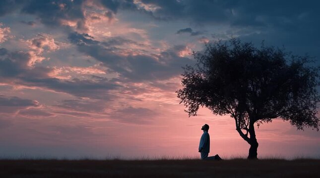 Silhouette of a man praying under a tree at sunset with dramatic clouds