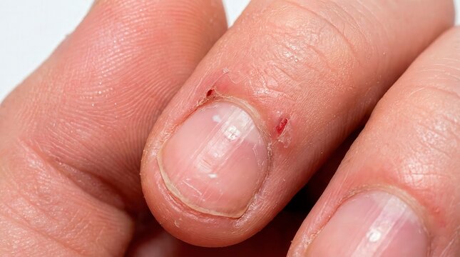 Close-up of finger with torn cuticle and bleeding hangnail