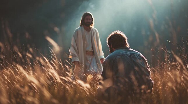 Man kneeling in tall grass encountering a figure resembling jesus christ at sunset