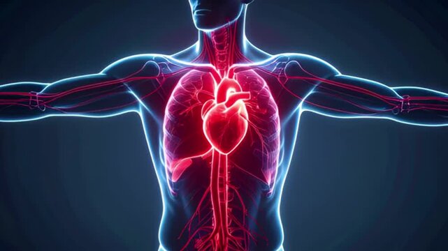 Human Cardiovascular System Spread Arms Pose with Glowing Heart &ndash; Medical Visualization