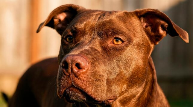 Close-up portrait of a brown Pitbull dog's face