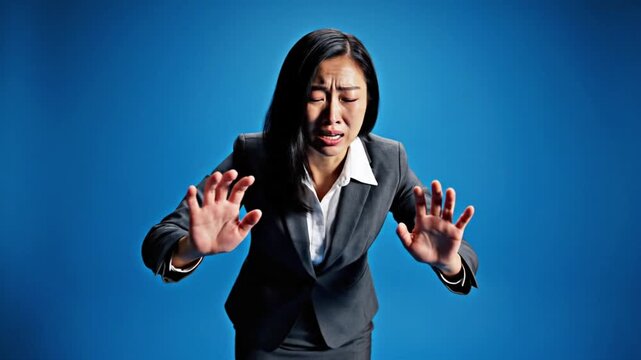 Woman showing emotion with hands out in front on a blue background in a business setting during the day