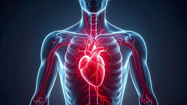 Glowing Human Heart and Circulatory System Animation in Transparent Body &ndash; Medical Anatomy Loop