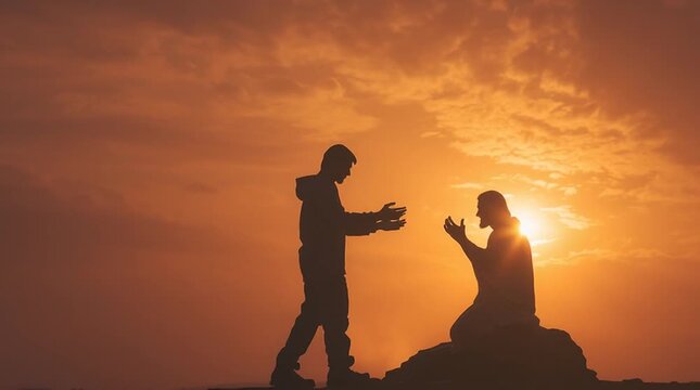 Silhouette of man kneeling before jesus statue at sunset