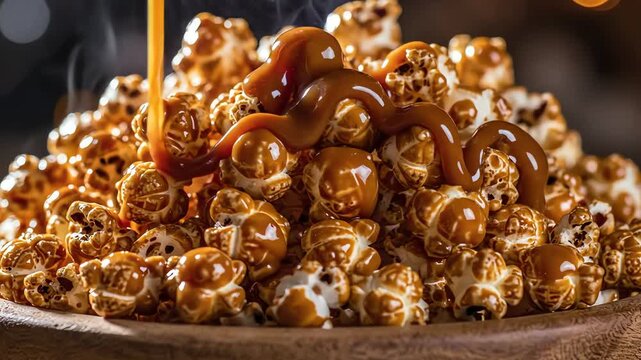 Close up of caramel popcorn pile on wooden surface with lighting