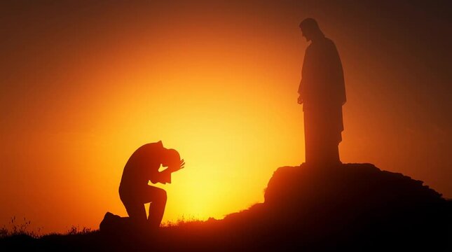 Silhouette of man kneeling before jesus statue at sunset