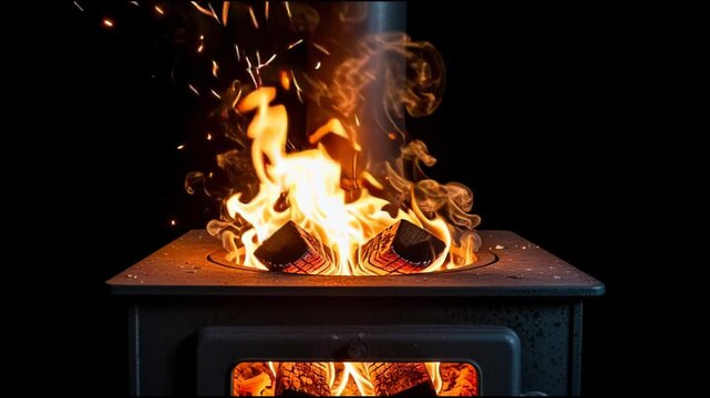 Wood Burning in Fireplace at Night.
