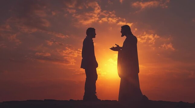 Silhouette of man kneeling before jesus christ against dramatic sunset sky