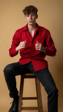 Full length portrait of nice young man sit stool wear red shirt isolated on beige color background fashion editorial photography, high-fashion imagery, avant-garde aesthetics, editorial stor.