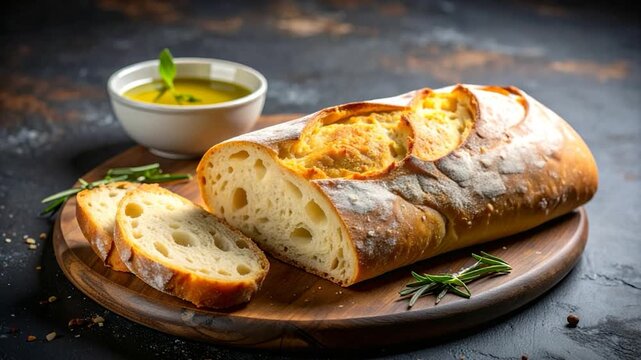A loaf of bread with sliced pieces, rosemary, and dipping oil