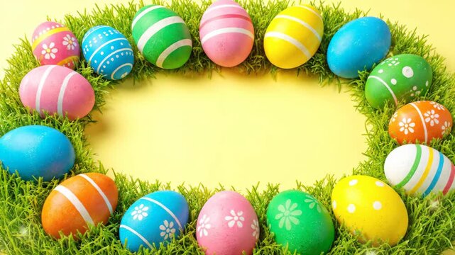 Colorful decorated easter eggs forming a festive circular frame on green grass. Spring holiday celebration concept with copy space for text on a bright yellow background