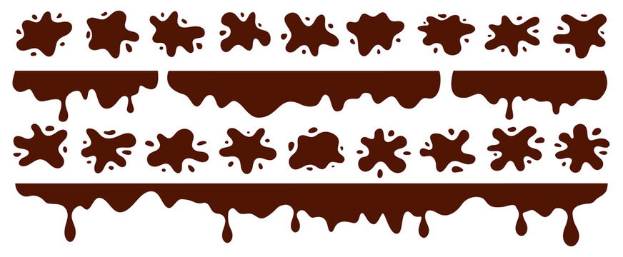 Collection of melted, dripping, splatter chocolate brown liquid elements