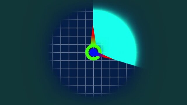 Dark blue grid circle with colorful abstract clock hands and glowing teal segment on dark animated background