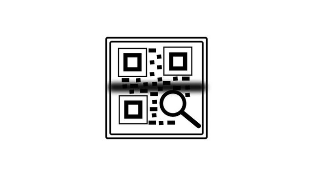 Animated Black and White QR Code Icon with Magnifying Glass and Scan Line on White Background