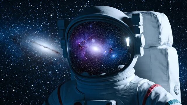 Astronaut floating in deep space with a colorful galaxy reflecting in the helmet visor. Science fiction concept for cosmic exploration, adventure and future technology themes