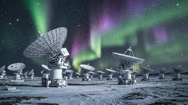 Radio Telescope Array Under Aurora Borealis Sky, Space Exploration, Astronomy