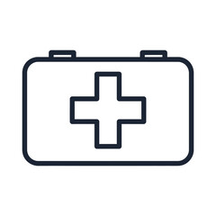 Obraz premium First aid kit box with a prominent white cross symbol is shown as a simple line drawing for medical safety concepts.