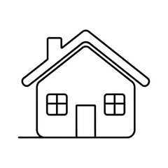 Obraz premium Simple black outline icon depicts a small residential house with a chimney and two windows.