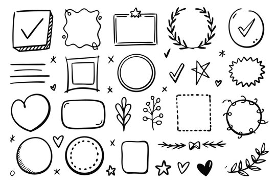 set of hand drawn doodle frame circle arrow silhouette line art vector illustration with a white background