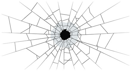Obraz premium Bullet hole in the center of a white surface with radiating cracks forming a spiderweb pattern.