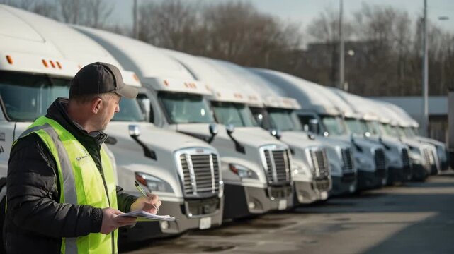 Fleet service technician checking heating and cooling systems on commercial trucks parked in a fleet yard on a clear day