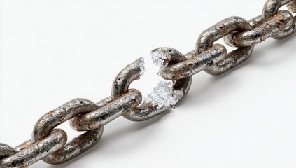 Obraz premium A rusty, broken metal chain link against a stark white background