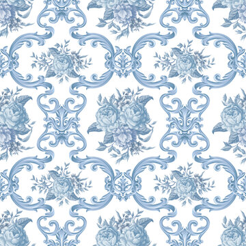 Antoinette baroque seamless pattern with blue roses vintage ornamental wallpaper design