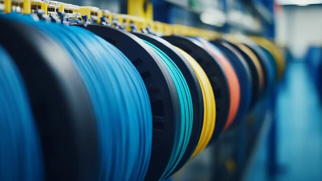 Fiber optic and network cables on spools lining a rack. Illustrating connectivity infrastructure. High speed data transmission. And communication technology in a specialized manufacturing environment
