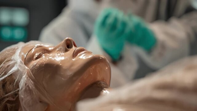 Closeup view of ecofriendly embalming techniques with natural biodegradable fluids being carefully injected to preserve the body sustainably.