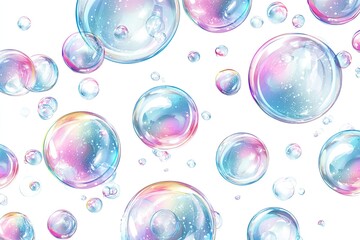 Iridescent, transparent spheres drift, reflecting soft, pastel hues