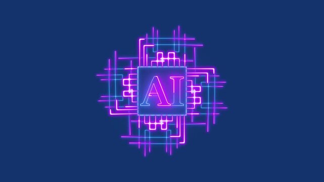 Neon AI Symbol with Circuit Board Design on Dark Blue animated Background artificial intelligence