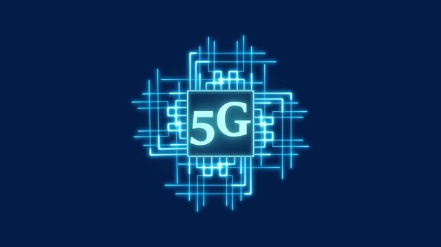 Blue Neon 5G Symbol with Circuit Board Design on Dark Blue animated Background fifth generation