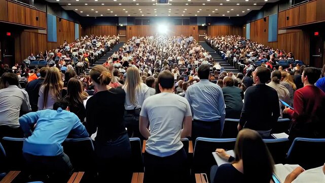 packed lecture hall filled with students taking notes, rows of seating stretching to stage, bright spotlight at front, focused examlike atmosphere, notebooks and laptops visible, campus