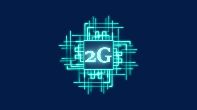 Cyan Neon 2G Symbol with Circuit Board Design on Dark Blue animated Background second generation